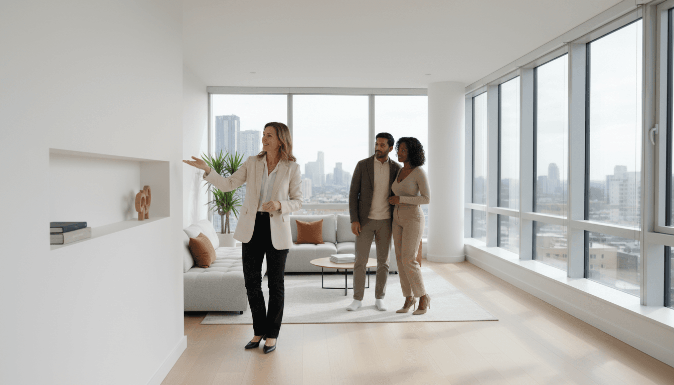 Real estate professional presenting a home to prospective buyers in a modern living space
